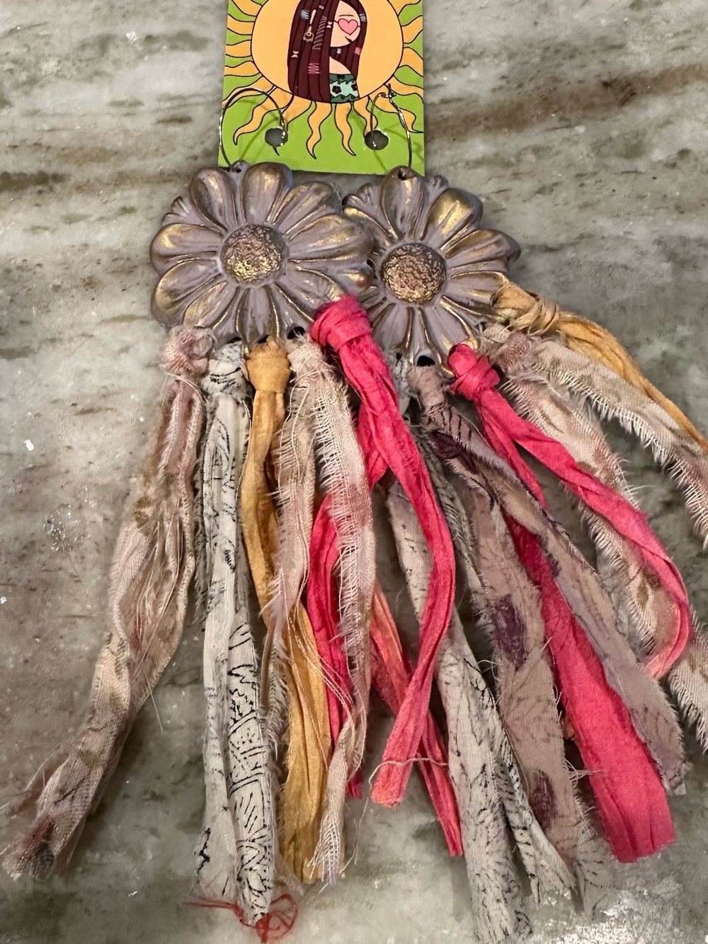 Boho Daisy Tassel Earrings with Multi Silk Ribbons